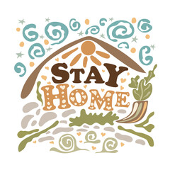 illustration in flat style with a lattering stay home