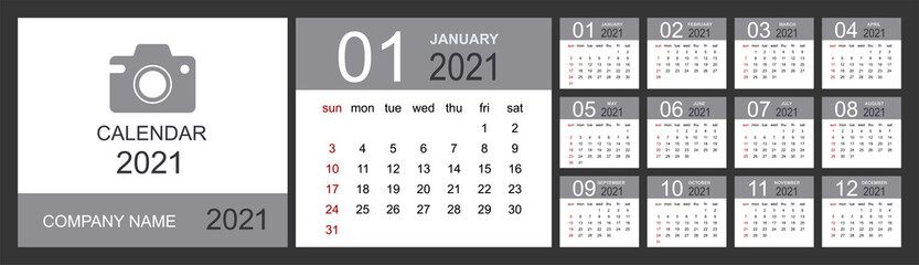 Calendar 2021. Desk calendar template. Set of 12 months, planner, week starts on sunday. Isolated vector illustration