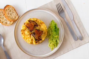 Fresh roasted boletus with mashed potatoes and kale. Favorite season mushroom lunch or dinner in Czech Republic.