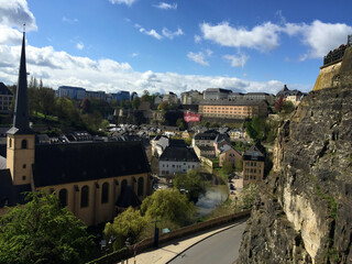 Fototapeta na wymiar Skyline of Luxembourg City viewed over the Grund quarter