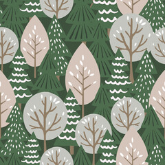 Vector repeat pattern with winter trees in forest