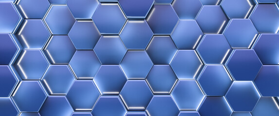 Glowing Hexagonal Fuel Cells. Abstract background. Blue style