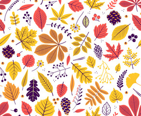 Autumn seamless pattern with leaf, autumn leaf background. Abstract leaf texture. Cute backdrop. Leaf fall. Yellow leaves. White background. The elegant the template for fashion prints. Vector.