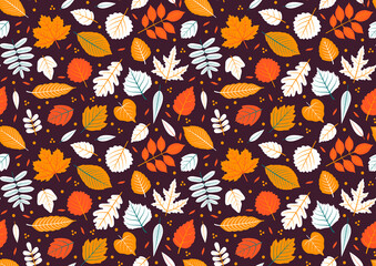Autumn seamless pattern with leaf, autumn leaf background. Abstract leaf texture. Cute backdrop. Leaf fall. Yellow leaves. Dark violet background. The elegant the template for fashion prints. Vector.