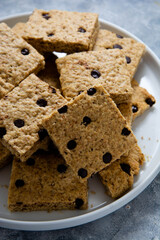 Homemade square cookies. A stack of chocolate chip cookies.