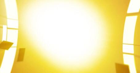 A yellow background with a simple frame of moving geometric shapes of various shapes on the sides and a bright light in the center. An underlay with empty space for text or heading.