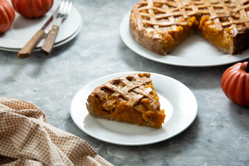 Pumpkin Pie or tart, thanksgiving, halloween or autumn homemade dessert.