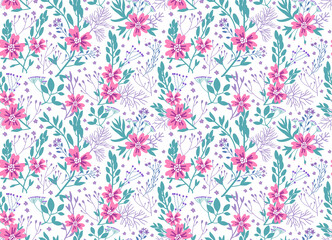 Vintage floral background. Seamless vector pattern for design and fashion prints. Flowers pattern with small pink flowers on a white background. Ditsy style.