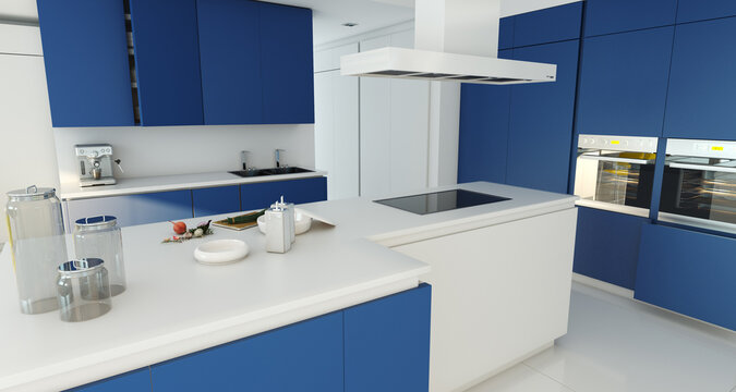 blue and white kitchen island