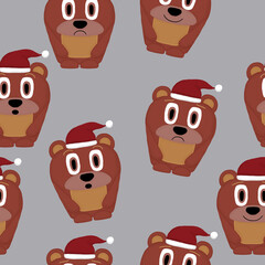 New Year seamless pattern with bears with Santa hat on a gray background