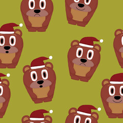 New Year seamless pattern with bears with Santa hat on an yellow background