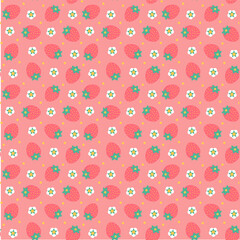 Strawberries background. Seamless fruits pattern of strawberry. Red strawberry and cute white flowers and leafs. Pink background.