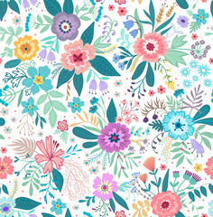 Fototapeta na wymiar Elegant pattern in small flowers. Liberty style. Floral seamless background. Ditsy print. Vector texture. A bouquet of spring flowers for fashion prints.