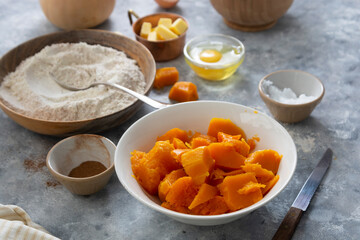 Cooking squash pie. Ingredients for cooking pumpkin tart. Autumn dessert.