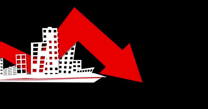 Business watermark on a transparent background with a city silhouette and a red graph arrow going down. An insert symbolizing a downward trend, decline, recession and fall in the exchange rate.