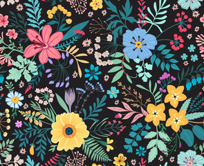 Vector seamless pattern. Pretty pattern in small flowers. Small multicolored flowers. Black background. Ditsy floral background. The elegant the template for fashion prints.