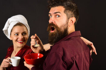 Couple breakfast. Coffee in morning. Happy couple having breakfast. Husband and wife have breakfast together. Couple, relationship, love, romantic, affection, lifestyle concept.