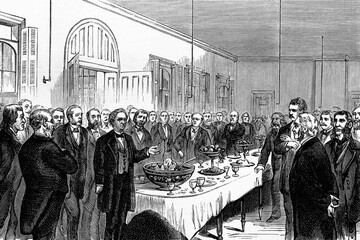 New York, anniversary of the introduction of Homeopathy: Memorial banquet at Ward's Island Hospital. Antique illustration. 1875.