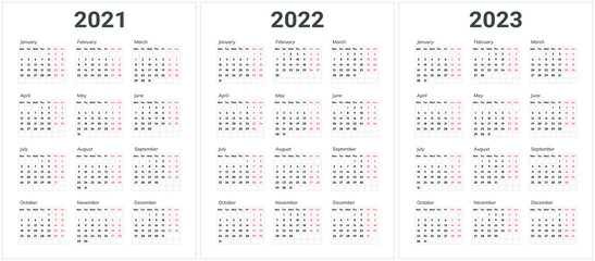 Calendar design for 2021, 2022, 2023 year. Beginning of the week with monday.
