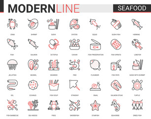 Seafood for shop cafe restaurant thin red black line icon vector illustration set. Outline food menu mobile app symbols collection of fish caviar, fresh salmon steak for cooking, crab octopus oyster
