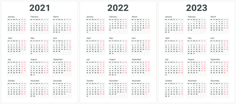 Calendar design for 2021, 2022, 2023 year. Beginning of the week with monday.