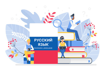 Fototapeta na wymiar People learning russian language vector illustration. Russia distance education, online learning courses concept. Students reading books cartoon characters. Teaching foreign languages