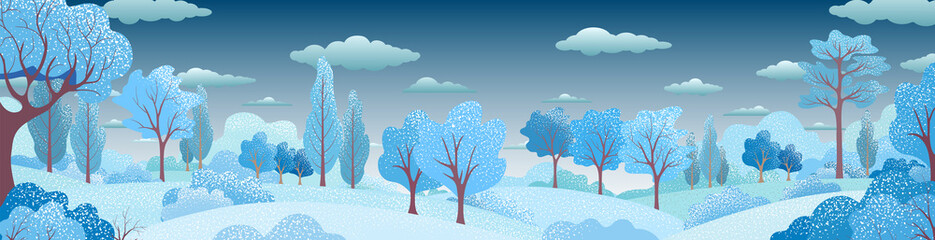 Winter holiday background with trees, bush, sky, clouds. Christmas snowy forest. Vector rural landscape. Bright banner for stylish web design. Natural seasonal web-banner. Modern trendy illustration 