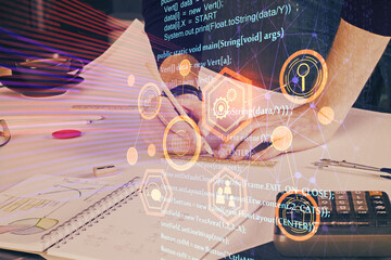 Writing Man hands with data theme multi exposure icons.