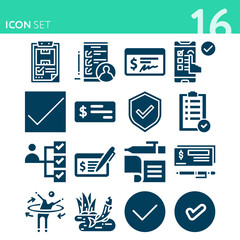 Simple set of 16 icons related to dams