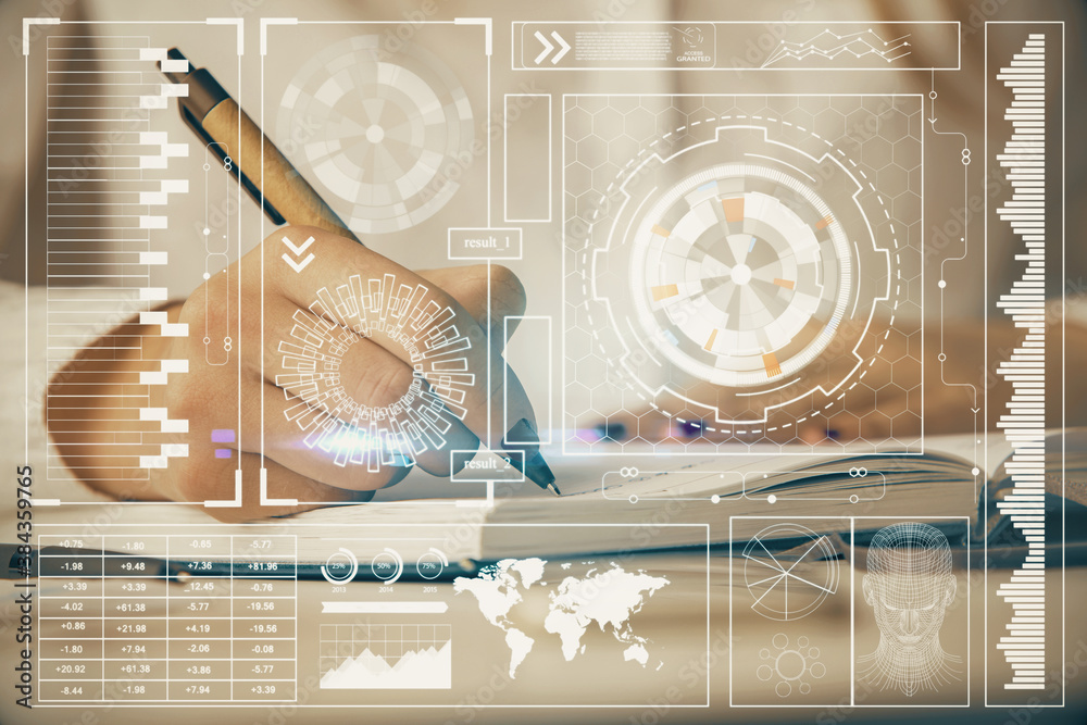 Poster e-mail envelop theme hologram over hands taking notes background. concept of electronic mail. double
