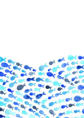 Abstract blue school of fish wave watercolor hand painting frame background for decoration on seafood theme and activity on summer holiday.
