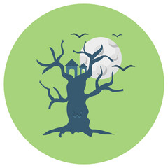 Scary Tree with Bet Flying Vector Color Icon Design, Halloween Symbol on White background, Dark Night Full Moon Concept, Fear Sign, 