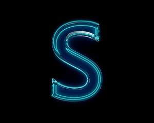 Blue polished neon light glow reflective transparent alphabet - letter S isolated on black dark, 3D illustration of symbols