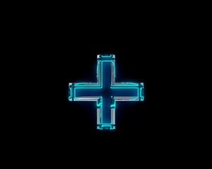 Blue polished neon light glow glassy crystal font - plus isolated on black dark, 3D illustration of symbols