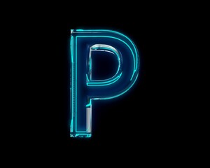 Blue shine neon light glow glass made crystal font - letter P isolated on black background, 3D illustration of symbols