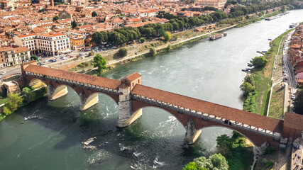 Aerial view of Ponte Coperto in Pavia