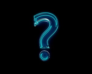 Blue shiny neon light glow reflective clear alphabet - question mark isolated on black background, 3D illustration of symbols