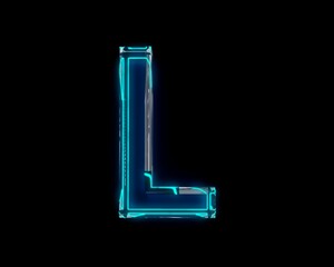 Blue shiny neon light glow glass made crystal font - letter L isolated on black background, 3D illustration of symbols