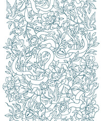 Floral seamless pattern with flying swallows, blooming flowers and snakes.	