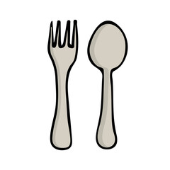 Colorful doodle illustration of fork and spoon. Colorful icon of fork and spoon