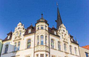 Fototapeta na wymiar Church tower and historic houses in Weimar, Germany