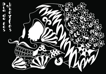 Mexican holiday Day of the Dead Celebration Festival and Halloween. Sugar skull  for poster, card, print, emblem, sign, tattoo, t-shirt. background. .  Black and white vector illustration 


