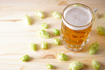 Light beer in a glass on a wood background.