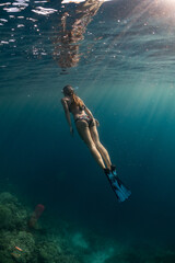 A female freediver is exploring a tropical coral reef.