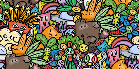 Kawaii doodle smiling monsters seamless pattern for child prints, designs and coloring books. Food, animals, robots, flowers