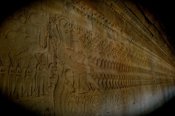 Carvings on the walls of Angkor Wat Temples in Siem Reap, Cambodia