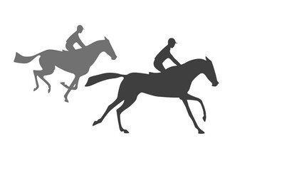 Silhouettes of jockeys on galloping race horses, animation on the white background