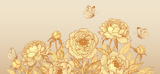 Luxurious Background with Golden Peony Flowers