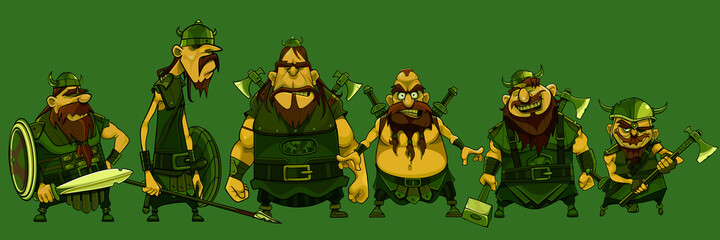 set of cartoon fairytale characters armed viking warriors