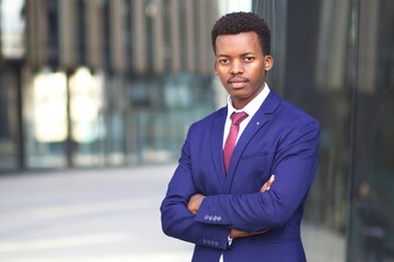 Portrait of serious confident successful black African man, Afro American young businessman in...